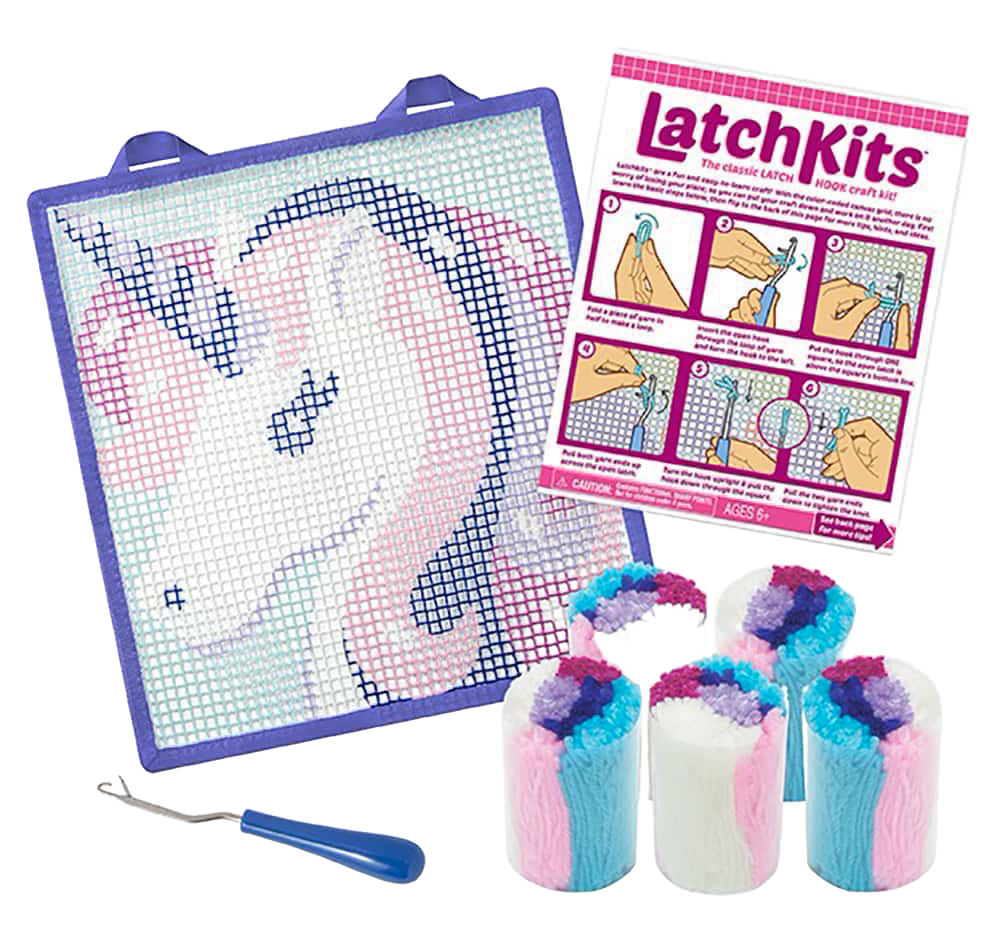 Handcrafted latch hook kit featuring a pastel unicorn design on sturdy canvas with fabric-lined edges and hanging loops, ideal for children’s arts and crafts and toy collections.