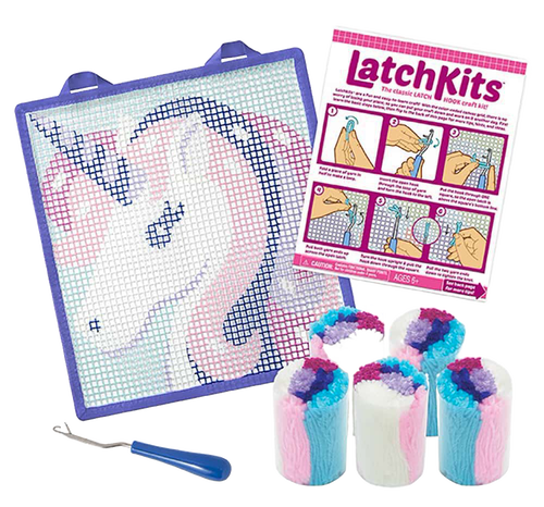 Handcrafted latch hook kit featuring a pastel unicorn design on sturdy canvas with fabric-lined edges and hanging loops, ideal for children’s arts and crafts and toy collections.