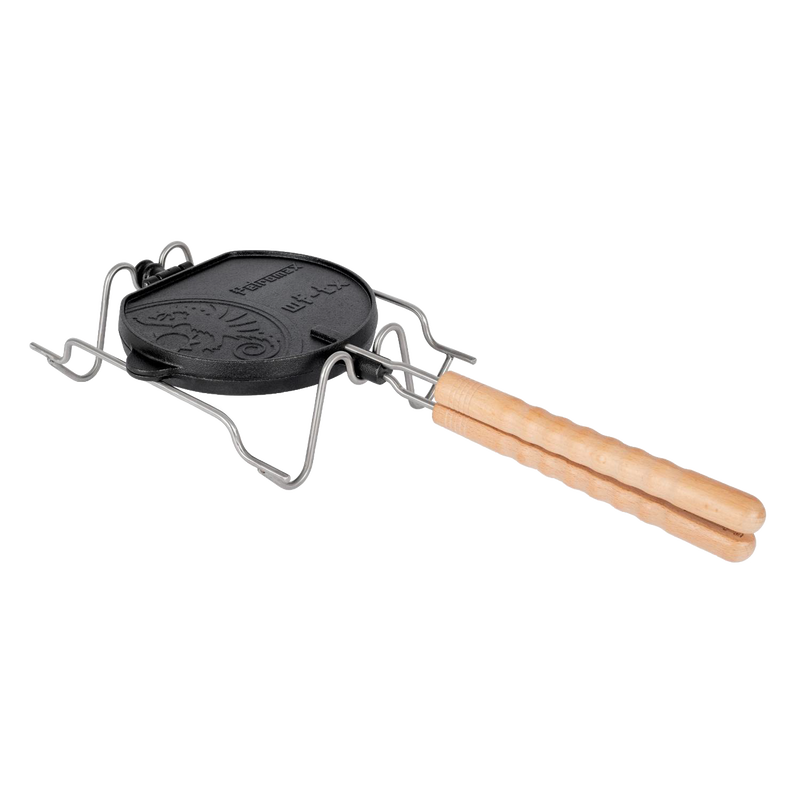 Cast iron rotating waffle maker with wooden handle and locking frame, designed for easy flipping over campfire heat, perfect for Farm, Garden & Tool, Camping, Best Sellers, and Promo Eligible collections.
