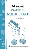Cover of a soapmaking guide featuring vintage-style illustrations of a bottle pouring liquid onto two soap bars, with a decorative blue sidebar showing crafting tools, ideal for health and wellness enthusiasts.
