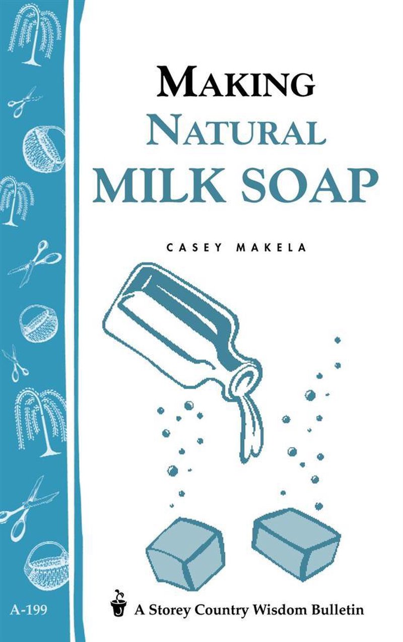 Cover of a soapmaking guide featuring vintage-style illustrations of a bottle pouring liquid onto two soap bars, with a decorative blue sidebar showing crafting tools, ideal for health and wellness enthusiasts.