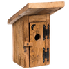 Rustic handcrafted birdhouse made from reclaimed thick wood with deep grain texture, featuring a hinged door with decorative black hinges, part of USA Made, Amish Made, and Garden Accessories collections.