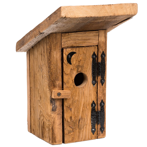 Rustic handcrafted birdhouse made from reclaimed thick wood with deep grain texture, featuring a hinged door with decorative black hinges, part of USA Made, Amish Made, and Garden Accessories collections.