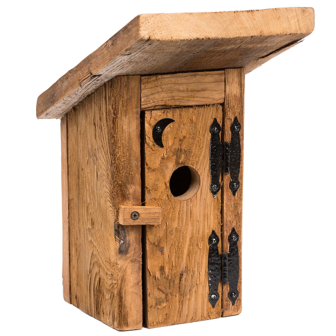 Rustic handcrafted birdhouse made from reclaimed thick wood with deep grain texture, featuring a hinged door with decorative black hinges, part of USA Made, Amish Made, and Garden Accessories collections.