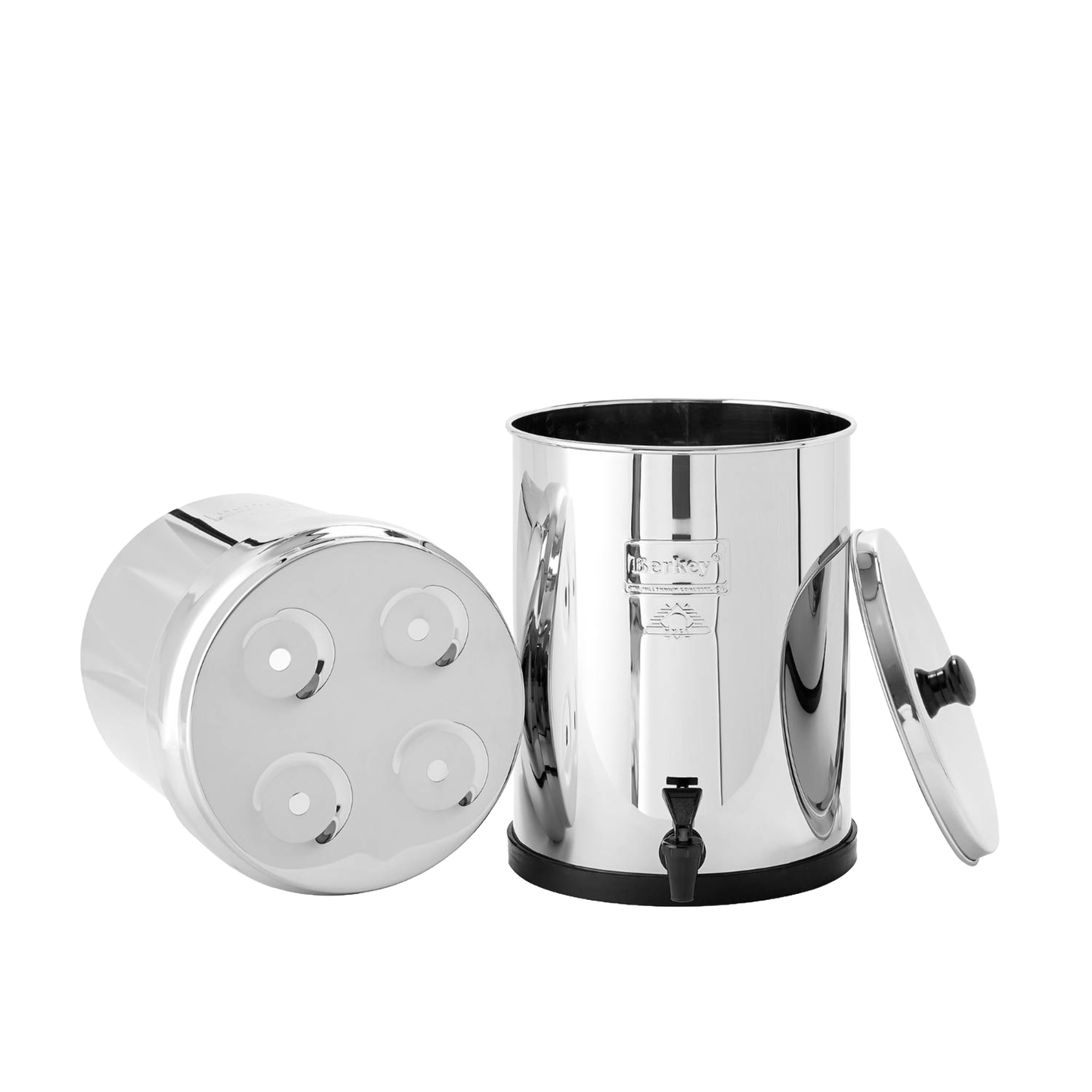 Polished stainless steel water filter with removable lid and base chamber featuring four filter element openings and a black spigot, suitable for Appliances and Emergency Supplies collections.