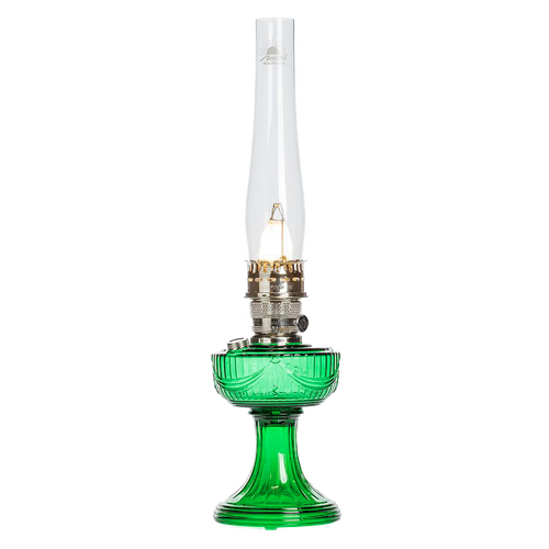 Handcrafted oil lamp with a vibrant emerald glass base featuring a vintage-inspired drape design, suitable for Lamps & Lighting, Oil Lamps, Table Lamps, Best Sellers, and Promo Eligible collections.