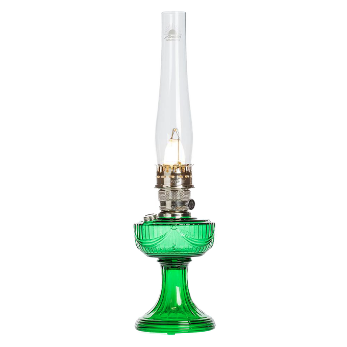 Handcrafted oil lamp with a vibrant emerald glass base featuring a vintage-inspired drape design, suitable for Lamps & Lighting, Oil Lamps, Table Lamps, Best Sellers, and Promo Eligible collections.