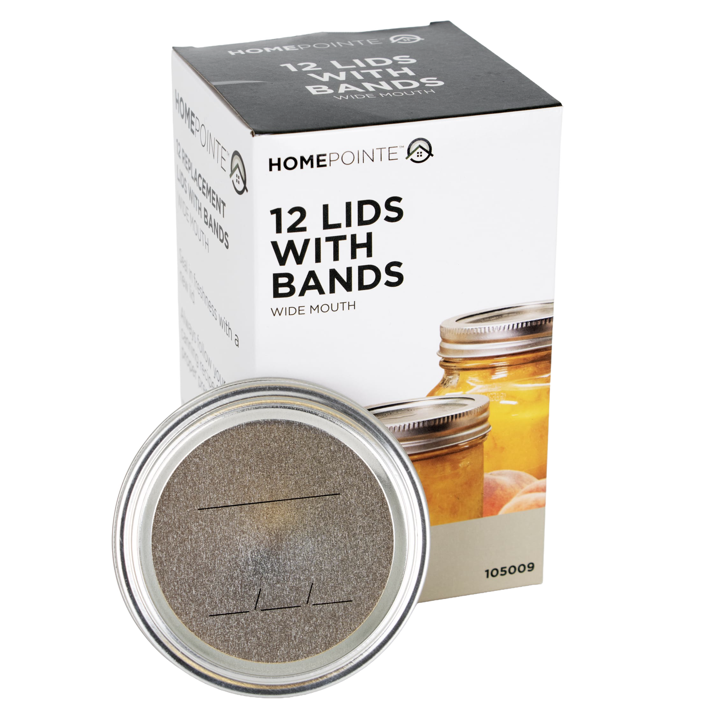 Package containing 12 wide-mouth metal lids and screw bands with BPA-free sealing compound, designed for Kitchen & Food, Food Preservation, Canning, and Best Sellers collections.