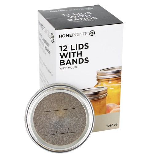 Package containing 12 wide-mouth metal lids and screw bands with BPA-free sealing compound, designed for Kitchen & Food, Food Preservation, Canning, and Best Sellers collections.