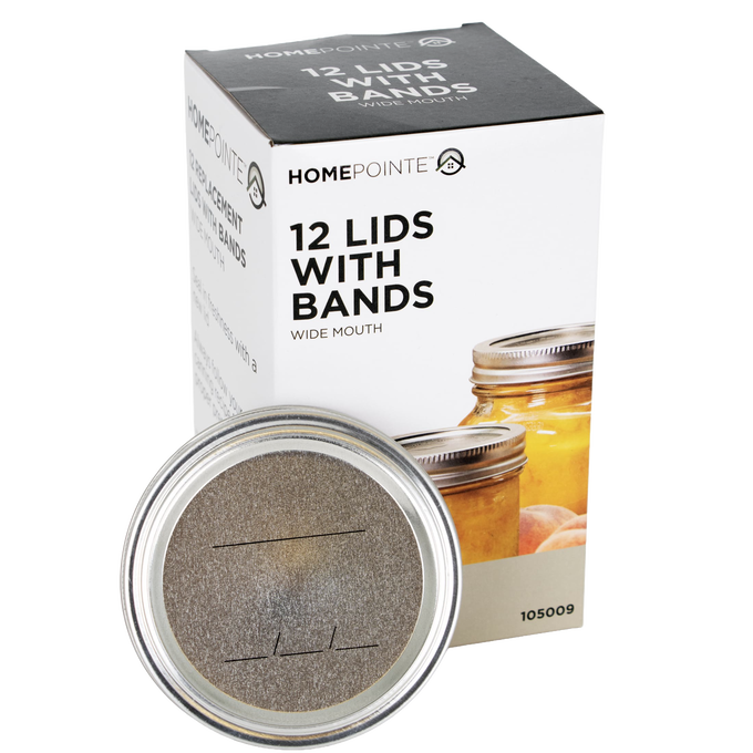 Package containing 12 wide-mouth metal lids and screw bands with BPA-free sealing compound, designed for Kitchen & Food, Food Preservation, Canning, and Best Sellers collections.