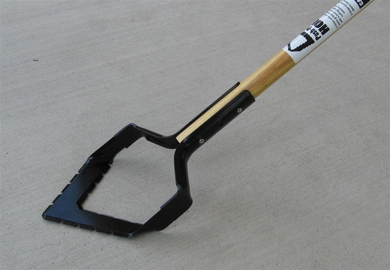 Handcrafted push-pull garden hoe with a long ash wooden handle and hardened steel serrated blade, ideal for efficient weed removal and soil cultivation in farm, garden, and lawncare tasks, made in USA.