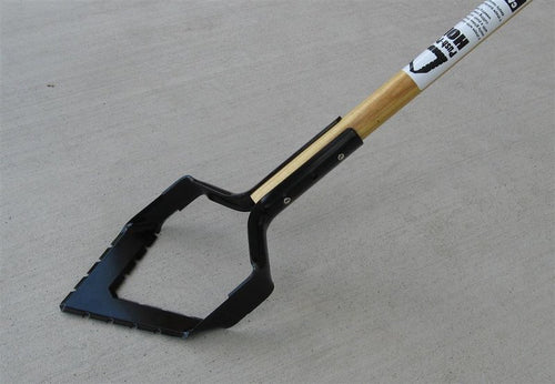 Handcrafted push-pull garden hoe with a long ash wooden handle and hardened steel serrated blade, ideal for efficient weed removal and soil cultivation in farm, garden, and lawncare tasks, made in USA.