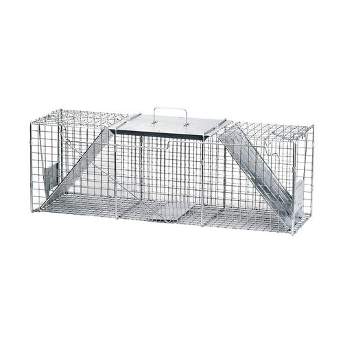 Large metal wire animal trap with dual entry doors and a top carrying handle, designed for humane pest control in farm, garden, and lawncare settings, featured in Pest Control and Best Sellers collections.