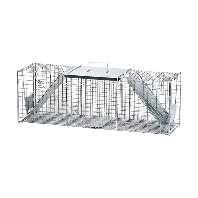 Large metal wire animal trap with dual entry doors and a top carrying handle, designed for humane pest control in farm, garden, and lawncare settings, featured in Pest Control and Best Sellers collections.