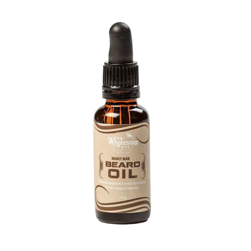 Handcrafted amber glass bottle of all-natural beard oil with dropper cap, made in USA, conditioning and taming unruly beards, featured in Health & Wellness, Grooming, and Best Sellers collections.