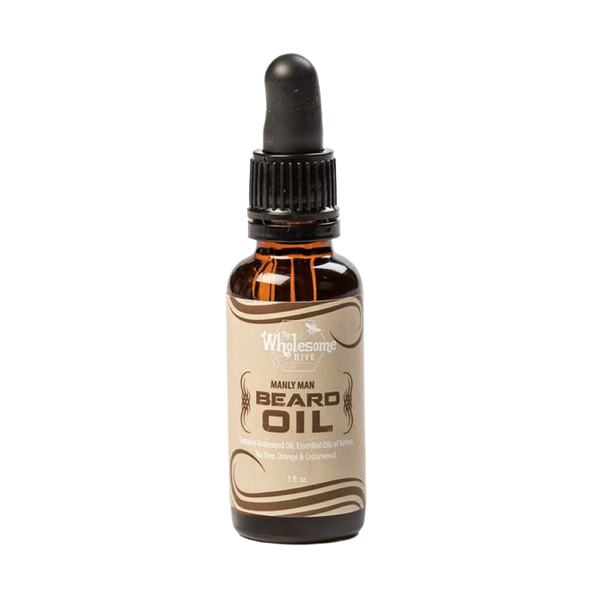 Handcrafted amber glass bottle of all-natural beard oil with dropper cap, made in USA, conditioning and taming unruly beards, featured in Health & Wellness, Grooming, and Best Sellers collections.