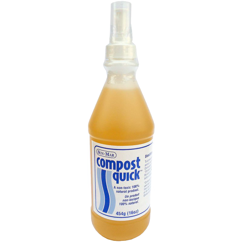 Clear plastic spray bottle filled with amber liquid labeled Compost Quick, a natural, non-toxic composting aid included in Appliances, Composting Toilets, Best Sellers, and Promo Eligible collections.