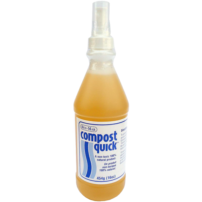 Clear plastic spray bottle filled with amber liquid labeled Compost Quick, a natural, non-toxic composting aid included in Appliances, Composting Toilets, Best Sellers, and Promo Eligible collections.