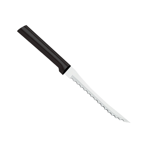 High carbon surgical stainless steel tomato slicer with scalloped blade and a smooth dark handle, handcrafted in USA, ideal for kitchen knives and food prep collections.