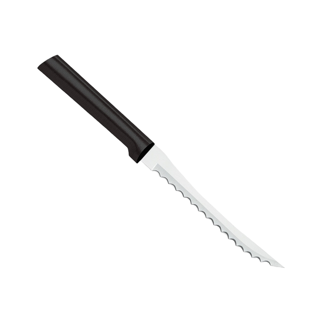High carbon surgical stainless steel tomato slicer with scalloped blade and a smooth dark handle, handcrafted in USA, ideal for kitchen knives and food prep collections.