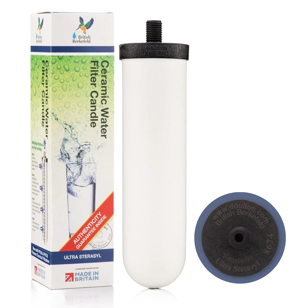 Handcrafted ceramic water filter element with granular activated carbon and black threaded top, designed for British Berkefeld gravity systems in Farm, Garden & Tool and Emergency Supplies collections.