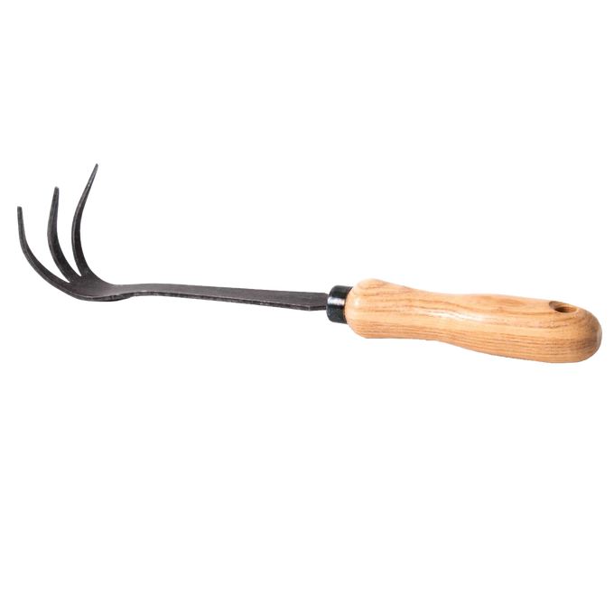 Handcrafted durable cultivator with three curved steel tines and smooth wooden handle, ideal for aerating soil in Farm, Garden & Tool, Digging and Cultivating, and Garden Accessories collections.