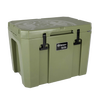 Olive green heavy-duty cooler box with secure black latches and embossed top design, designed for extended outdoor use in Farm, Garden & Tool, Camping, and Best Sellers collections.