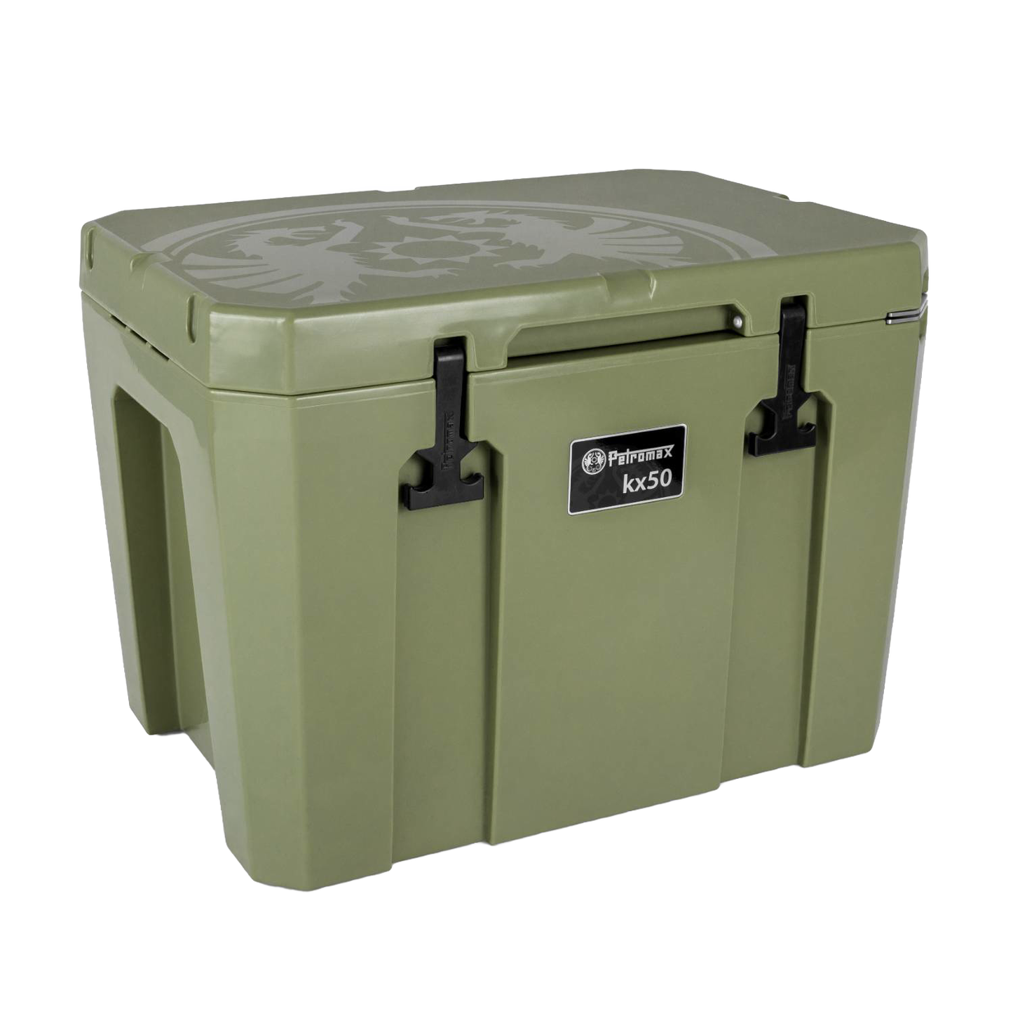 Olive green heavy-duty cooler box with secure black latches and embossed top design, designed for extended outdoor use in Farm, Garden & Tool, Camping, and Best Sellers collections.
