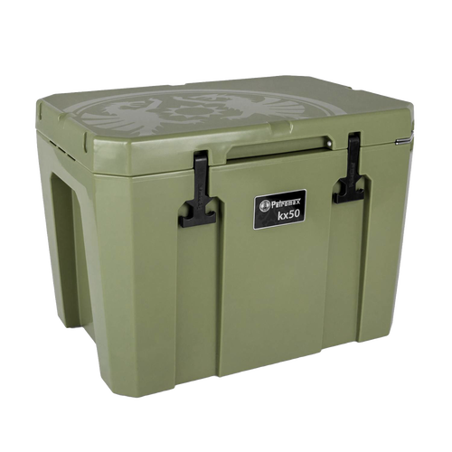 Olive green heavy-duty cooler box with secure black latches and embossed top design, designed for extended outdoor use in Farm, Garden & Tool, Camping, and Best Sellers collections.