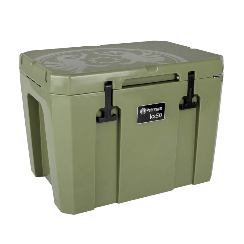 Olive green heavy-duty cooler box with secure black latches and embossed top design, designed for extended outdoor use in Farm, Garden & Tool, Camping, and Best Sellers collections.