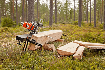 Portable timber cutting setup with guide rails clamped to a log outdoors, designed for precise plank milling in Farm, Garden & Tool and Wood Cutting and Hauling collections.
