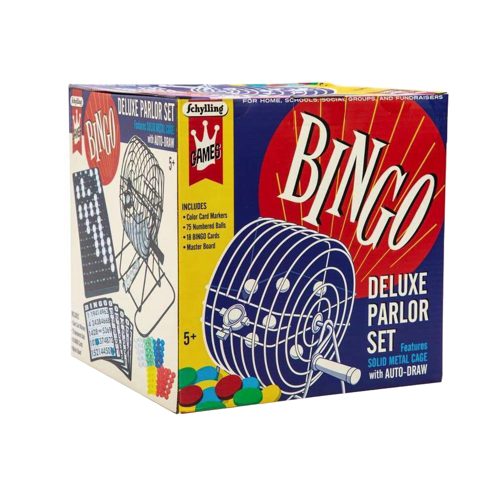 Boxed deluxe parlor bingo game featuring a solid metal rotary cage with auto-draw, colorful plastic balls, and game cards, ideal for family fun in Toys, Books & Games and Best Sellers collections.