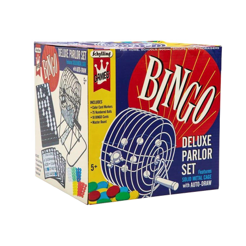 Boxed deluxe parlor bingo game featuring a solid metal rotary cage with auto-draw, colorful plastic balls, and game cards, ideal for family fun in Toys, Books & Games and Best Sellers collections.