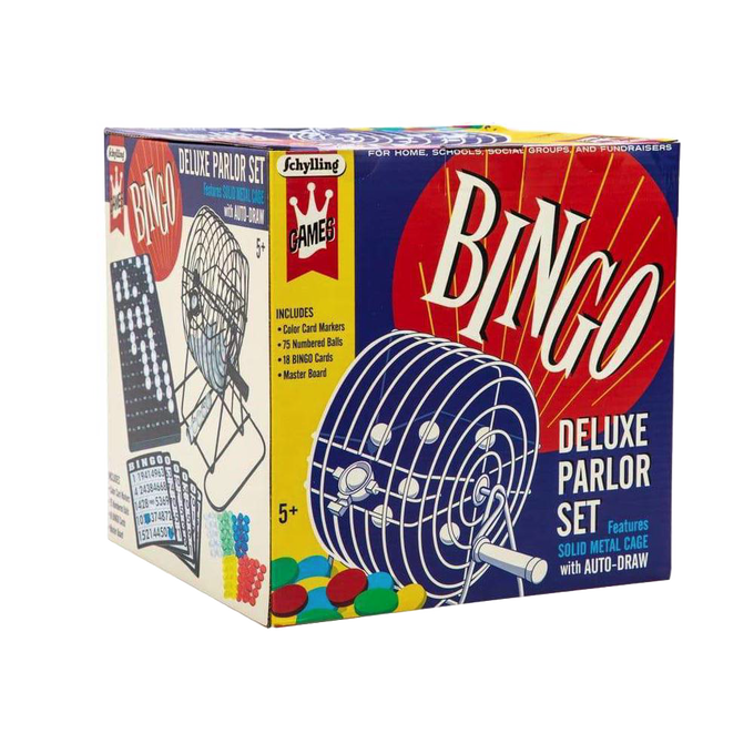 Boxed deluxe parlor bingo game featuring a solid metal rotary cage with auto-draw, colorful plastic balls, and game cards, ideal for family fun in Toys, Books & Games and Best Sellers collections.