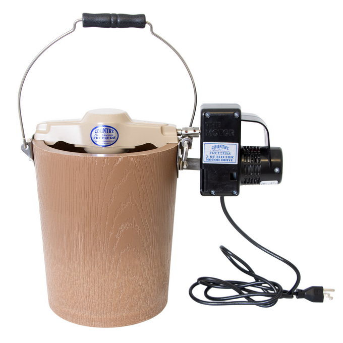 Handcrafted electric ice cream freezer with insulated poly bucket and two-quart capacity, featuring an Amish-made motor drive for effortless homemade ice cream in Kitchen & Food collections.