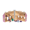 Handcrafted foldable wooden dollhouse in soft pink with natural wood interior, featuring detailed miniature wooden furniture and two wooden figures, ideal for indoor play and children's toy collections.
