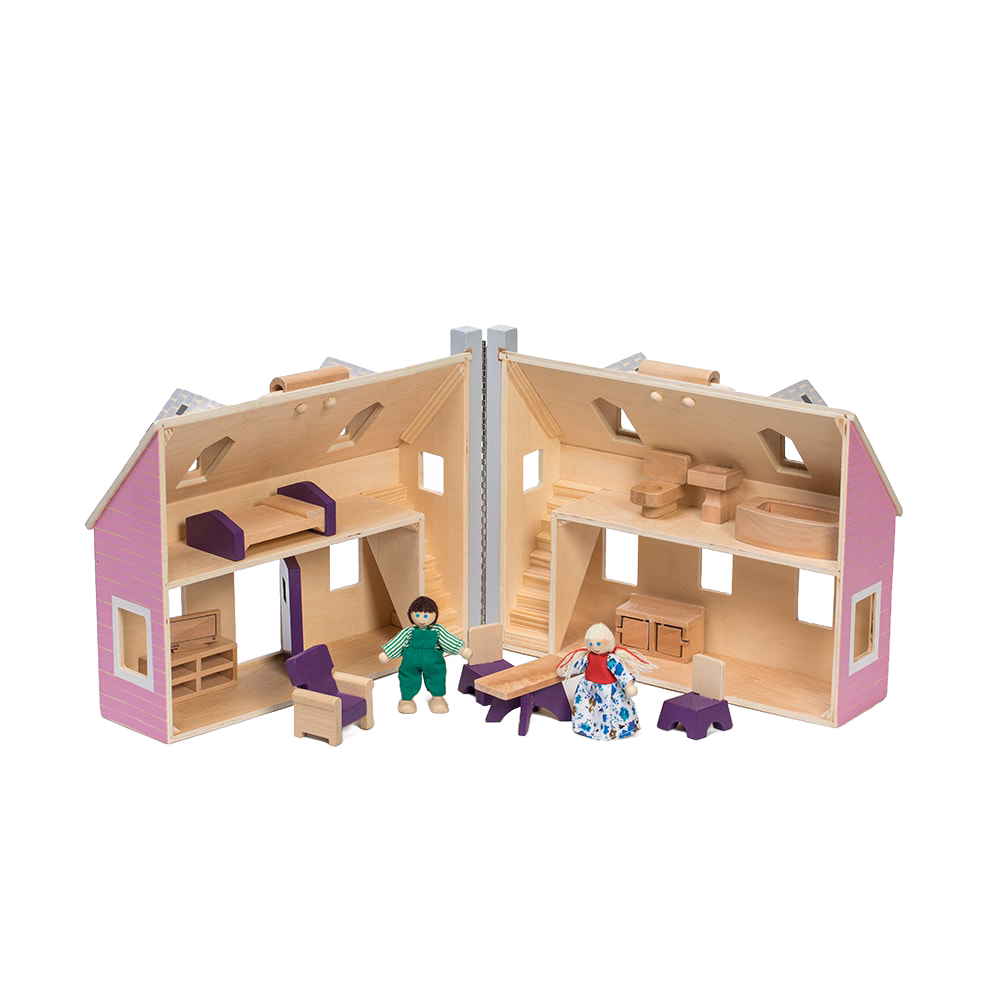 Handcrafted foldable wooden dollhouse in soft pink with natural wood interior, featuring detailed miniature wooden furniture and two wooden figures, ideal for indoor play and children's toy collections.