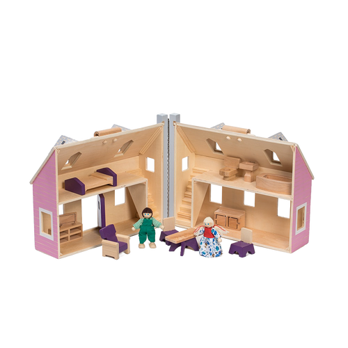 Handcrafted foldable wooden dollhouse in soft pink with natural wood interior, featuring detailed miniature wooden furniture and two wooden figures, ideal for indoor play and children's toy collections.