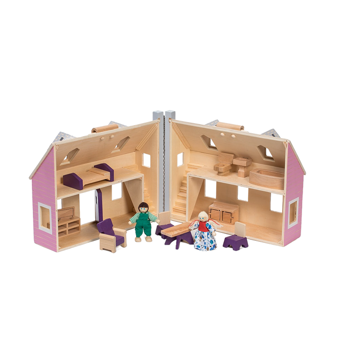 Handcrafted foldable wooden dollhouse in soft pink with natural wood interior, featuring detailed miniature wooden furniture and two wooden figures, ideal for indoor play and children's toy collections.