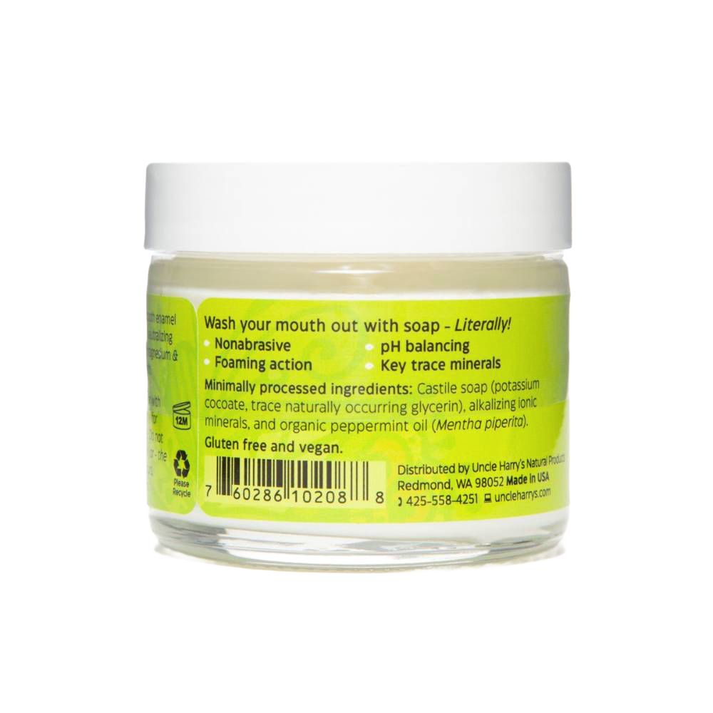 Clear jar of handcrafted brushing soap tooth suds with peppermint scent, featuring a foaming, nonabrasive formula that supports enamel health, made in USA, part of Health & Wellness and Grooming collections.