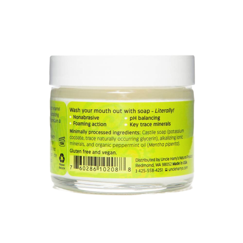 Clear jar of handcrafted brushing soap tooth suds with peppermint scent, featuring a foaming, nonabrasive formula that supports enamel health, made in USA, part of Health & Wellness and Grooming collections.
