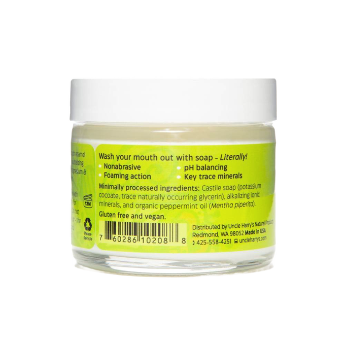 Clear jar of handcrafted brushing soap tooth suds with peppermint scent, featuring a foaming, nonabrasive formula that supports enamel health, made in USA, part of Health & Wellness and Grooming collections.
