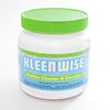 White plastic jar with a bright green lid labeled as a distiller cleaner and descaler, ideal for appliances, water treatment, and USA made collections.