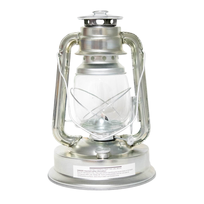 Handcrafted silver metal lantern with clear glass globe and protective wire frame, suited for reliable bright lighting in Farm, Garden & Tool, Camping, Emergency Supplies, and Barn collections.