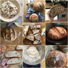 Collage of rustic whole grain sourdough dough resting in a basket, freshly baked loaves with golden crusts, sliced bread showing airy crumb, and homemade bread baking scenes for cookbooks and bread making supplies.
