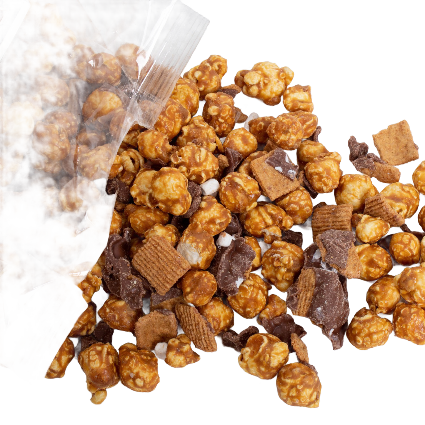 Clear bag spilling handcrafted caramel popcorn mixed with chocolate pieces and crunchy cereal bites, a unique sweet and crunchy snack made in USA, perfect for Kitchen & Food, Snacks and Sweets, Popcorn, USA Made, Best Sellers, and Promo Eligible collections.