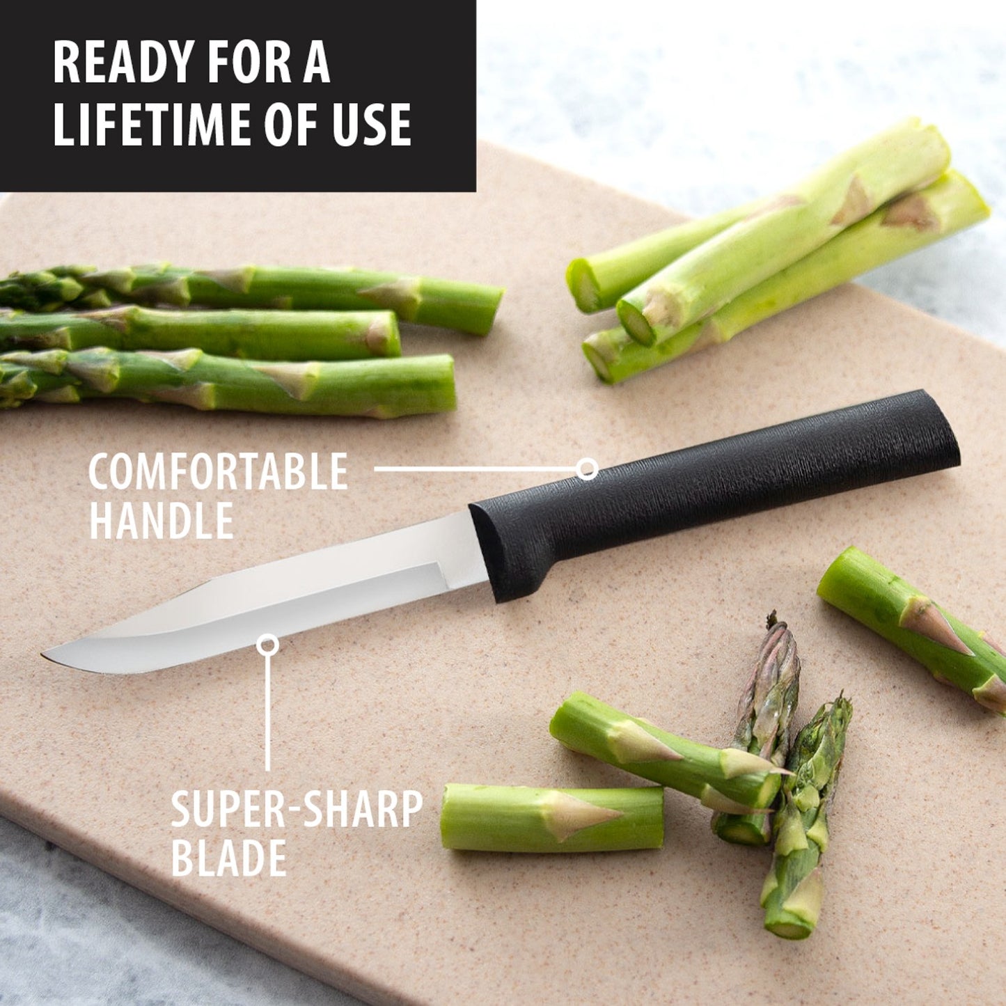 Paring knife with comfortable black handle and super-sharp blade, shown with trimmed asparagus on cutting board, ideal for Kitchen & Food, Knives & Axes, and USA Made collections.
