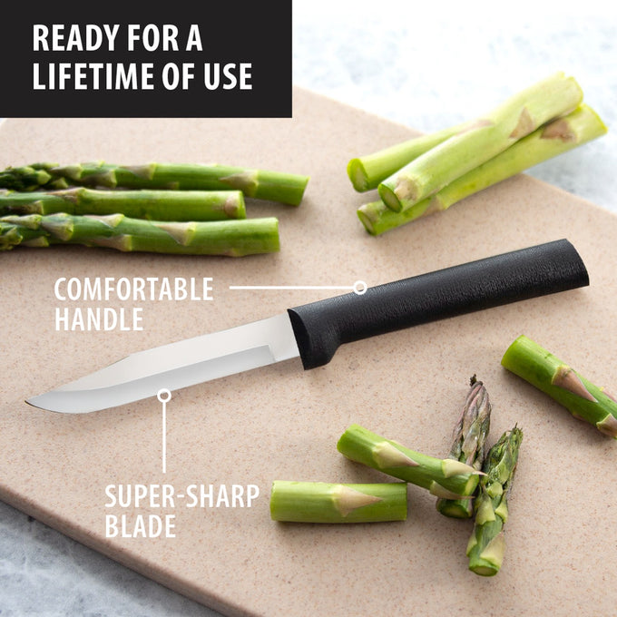 Paring knife with comfortable black handle and super-sharp blade, shown with trimmed asparagus on cutting board, ideal for Kitchen & Food, Knives & Axes, and USA Made collections.
