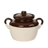 Handcrafted two-quart stoneware bean pot with brown lid, food-safe glaze, microwave and oven safe, ideal for kitchen storage and serving, part of USA Made cookware collections.