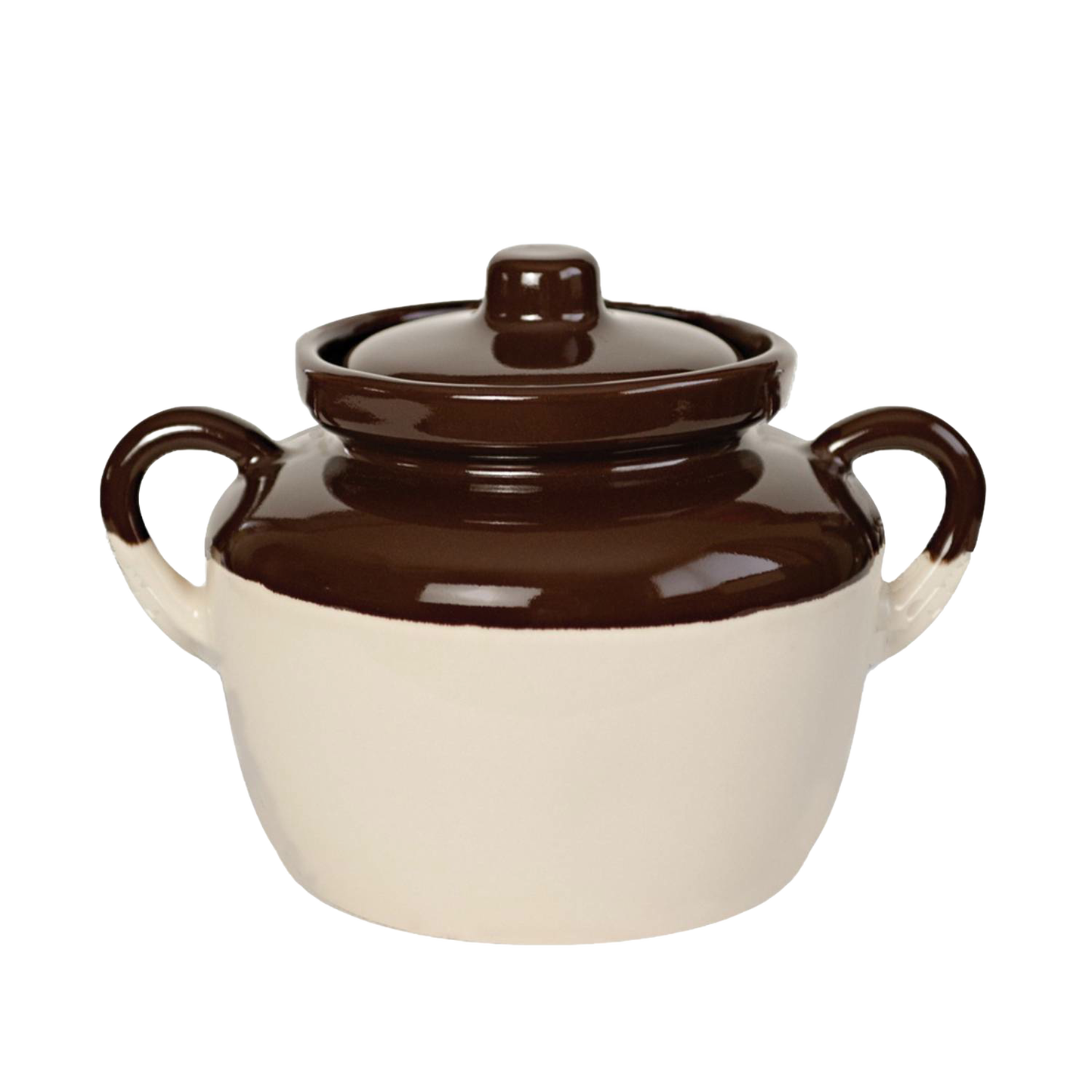 Handcrafted two-quart stoneware bean pot with brown lid, food-safe glaze, microwave and oven safe, ideal for kitchen storage and serving, part of USA Made cookware collections.